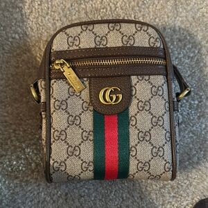 Gucci Beige Monogram Mini Bag with Red and Green Stripe